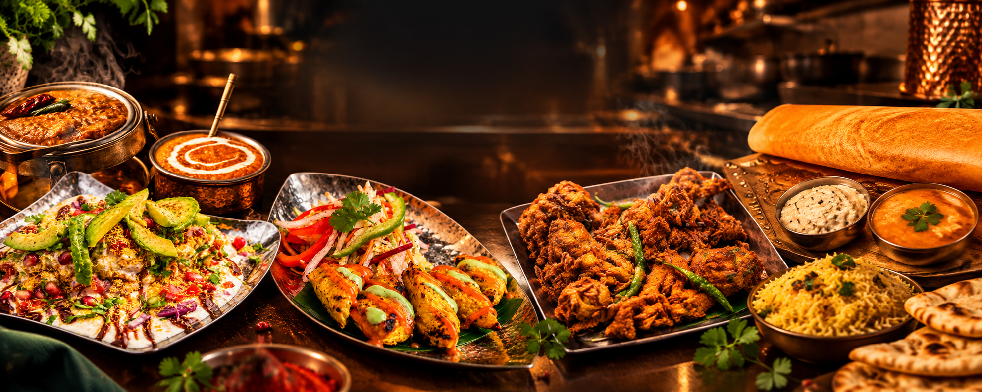 A spread of Indian vegan dishes — curries, biryani, dosa and breads on a warm restaurant table at Bhajipala